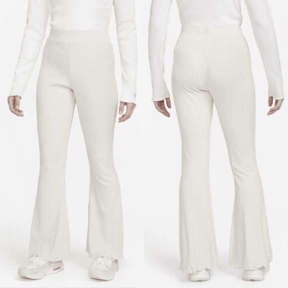 Nike Sportswear SE High Waisted Full Length Ribbed Jersey Flare Pants in Cream - Picture 1 of 11